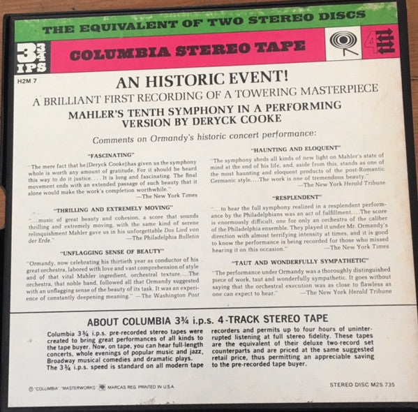 Mahler*, Philadelphia Orchestra* / Ormandy* : Symphony No. 10 (Reel, 4tr Stereo, 7" Reel, Album)