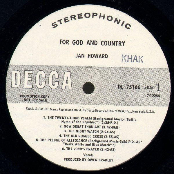 Jan Howard : For God And Country (LP, Album, Promo)