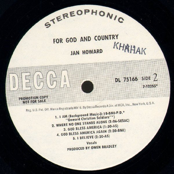 Jan Howard : For God And Country (LP, Album, Promo)