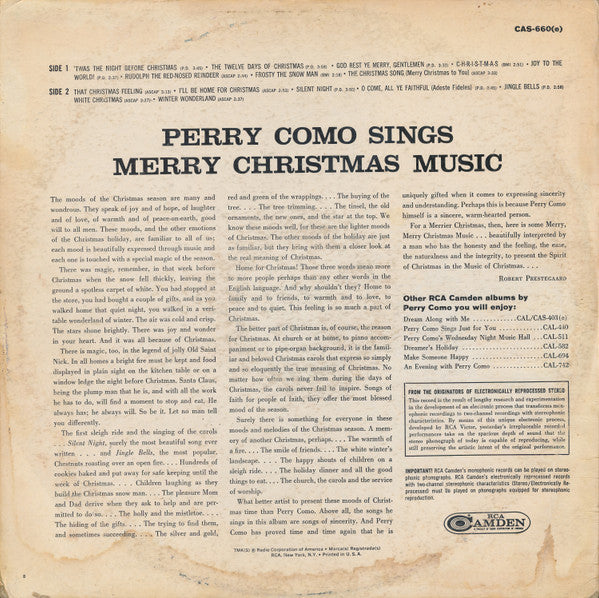 Perry Como : Perry Como Sings Merry Christmas Music (LP, Album, RE)