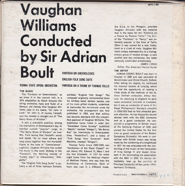 Ralph Vaughan Williams, Vienna State Opera Orchestra*, Sir Adrian Boult : Fantasia On Greensleeves - English Folk Song Suite - Fantasia On A Theme By Thomas Tallis (Reel, 4tr Stereo, 7" Reel)