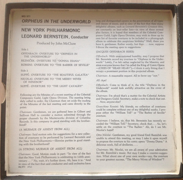 Leonard Bernstein, New York Philharmonic : Orpheus In The Underworld And Other Favorite Overtures (Reel, 4tr Stereo, 7" Reel, Album)