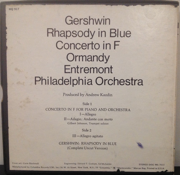 Philippe Entremont, Eugene Ormandy, The Philadelphia Orchestra, George Gershwin : Rhapsody In Blue; Concerto In F (Reel, 4tr Stereo, 7" Reel, Album)