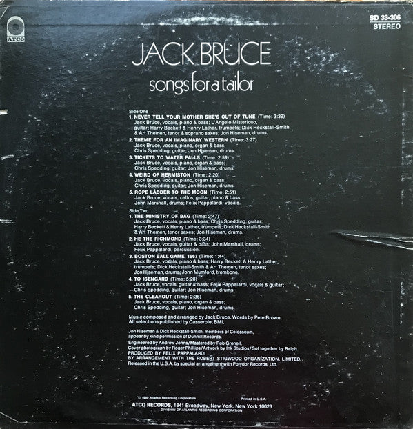 Jack Bruce : Songs For A Tailor (LP, Album, PR )