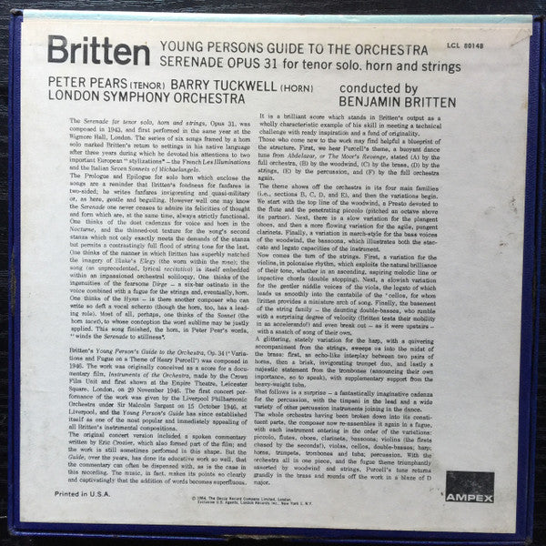 Barry Tuckwell, Peter Pears, Benjamin Britten, London Symphony Orchestra : Young Persons Guide To The Orchestra / Serenade Op. 31 For Tenor Solo, Horn and Strings (Reel, 4tr Stereo, 7" Reel, Album)