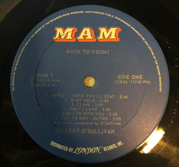 Gilbert O'Sullivan : Back To Front (LP, Album, PH )