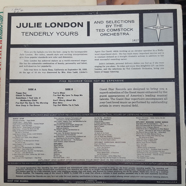 Julie London And Selections By The Ted Comstock Orchestra : Tenderly Yours (LP, Album)