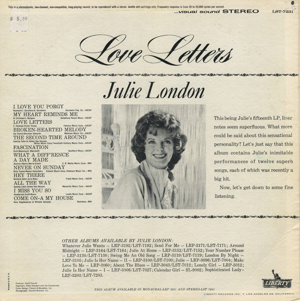 Julie London : Love Letters (LP, Album)