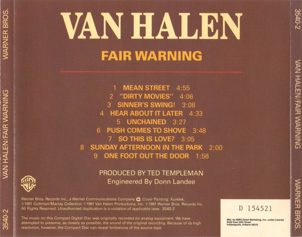 Van Halen : Fair Warning (CD, Album, Club, RE)