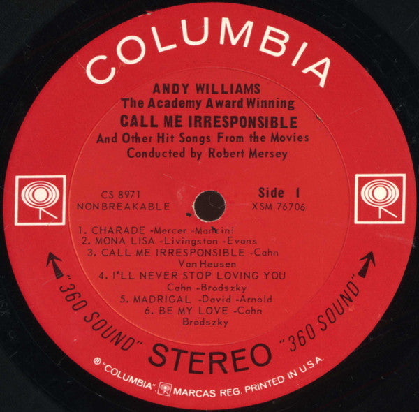 Andy Williams : The Academy Award Winning Call Me Irresponsible And Other Hit Songs From The Movies (LP, Album)