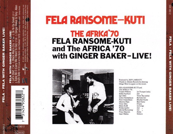 Fela Ransome-Kuti* And The Africa '70* With Ginger Baker : Live! (CD, Album, RM)