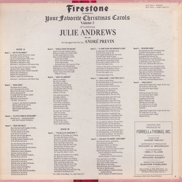 Julie Andrews With André Previn And The Firestone Orchestra And Chorus : Your Favorite Christmas Carols, Volume 5 (LP, Album, Mono, Roc)