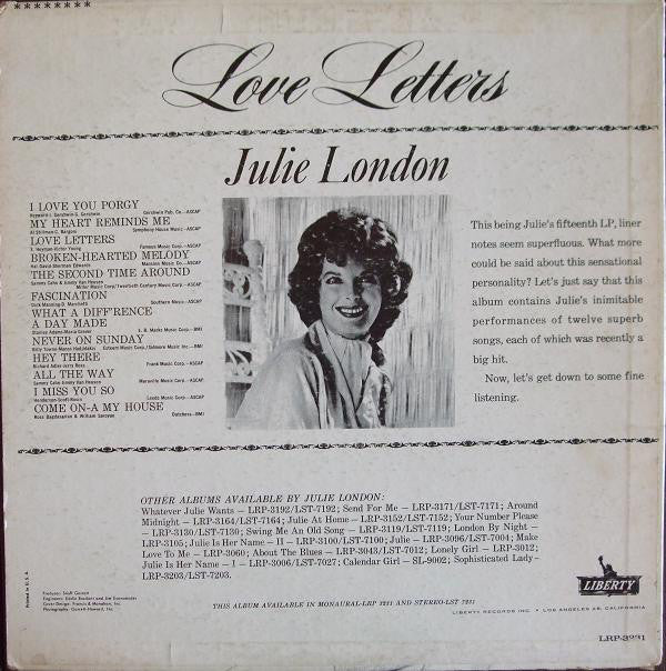 Julie London : Love Letters (LP, Album, Mono)