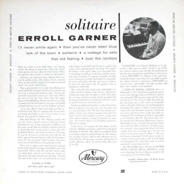 Erroll Garner : Solitaire (LP, Album, Mono, RE)