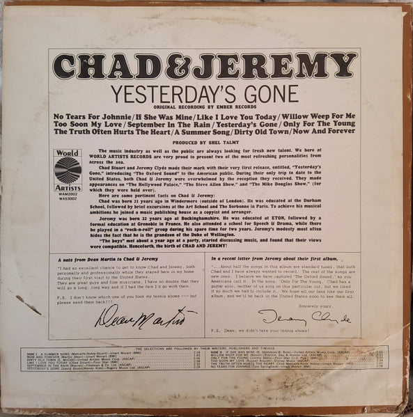 Chad & Jeremy : Yesterday's Gone (LP, Album, Pit)