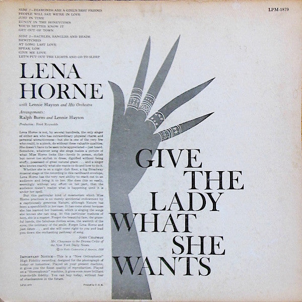 Lena Horne With Lennie Hayton And His Orchestra : Give The Lady What She Wants (LP, Album, Mono)