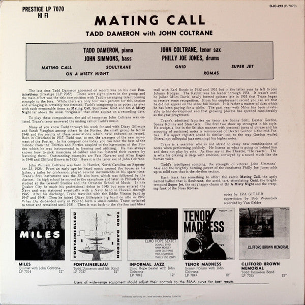 Tadd Dameron With John Coltrane : Mating Call (LP, Album, RE)