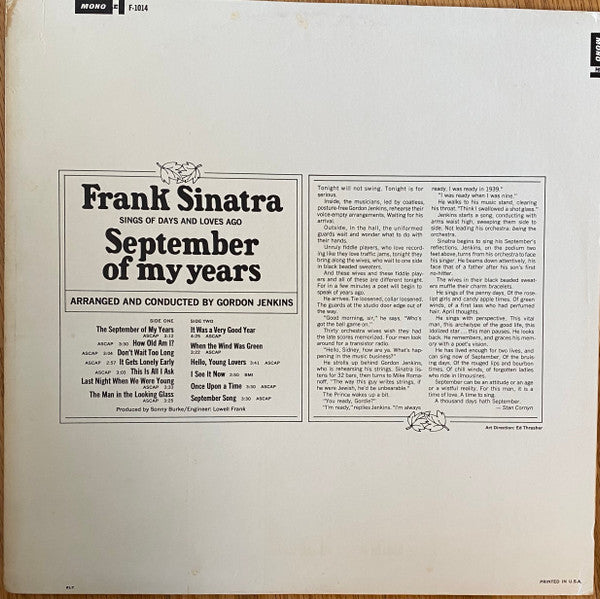 Frank Sinatra : September Of My Years (LP, Album)