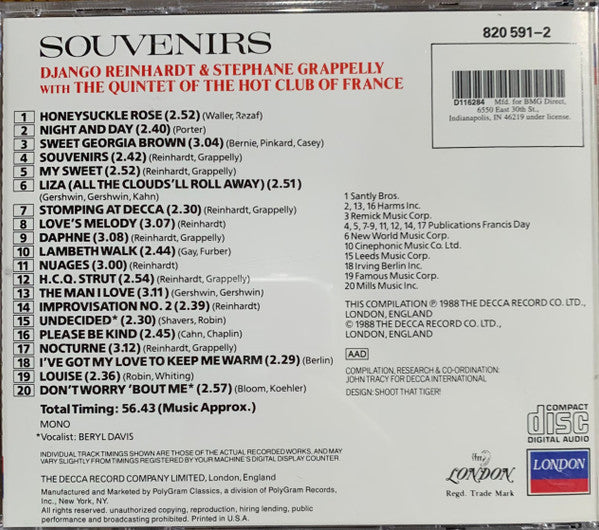 Django Reinhardt & Stephane Grappelly* With The Quintet Of The Hot Club Of France* : Souvenirs (CD, Comp, Mono, Club, RE)