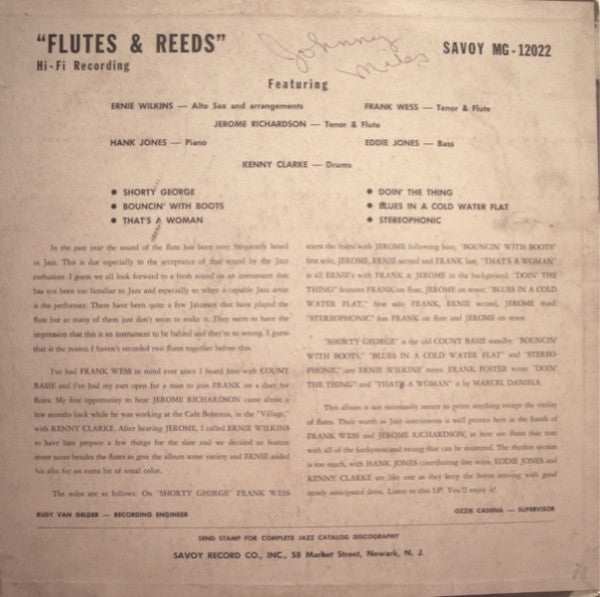 Ernie Wilkins / Frank Wess / Jerome Richardson / Hank Jones / Eddie Jones / Kenny Clarke : Flutes & Reeds (LP, Album, Mono, dee)