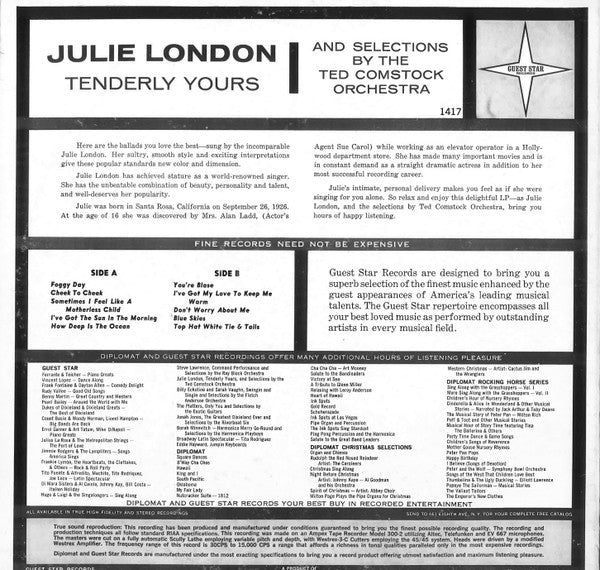 Julie London And Selections By The Ted Comstock Orchestra : Tenderly Yours (LP, Album, Mono)