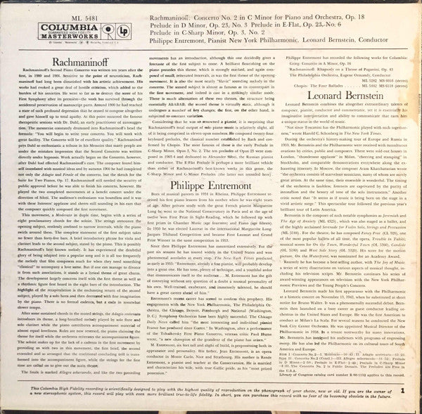 Rachmaninoff* : Philippe Entremont, Leonard Bernstein, New York Philharmonic : Concerto No. 2 / Three Preludes For Piano:  No. 3 In D Minor, Op. 23 /  No. 6 In E-Flat Major, Op. 23 / No. 2 In C-Sharp Minor, Op. 3 (LP, Mono)