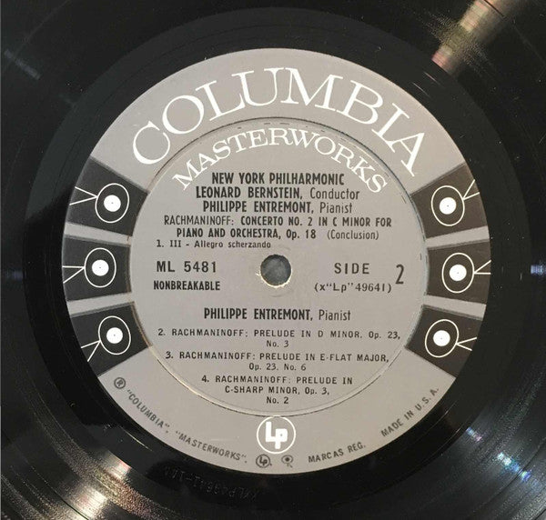 Rachmaninoff* : Philippe Entremont, Leonard Bernstein, New York Philharmonic : Concerto No. 2 / Three Preludes For Piano:  No. 3 In D Minor, Op. 23 /  No. 6 In E-Flat Major, Op. 23 / No. 2 In C-Sharp Minor, Op. 3 (LP, Mono)