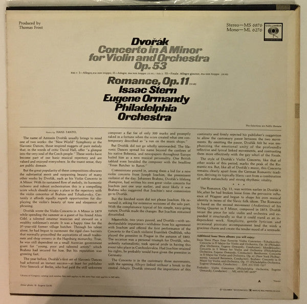 Dvořák* - Isaac Stern, Eugene Ormandy, Philadelphia Orchestra* : Violin Concerto / Romance For Violin And Orchestra (LP, Album)