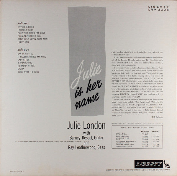 Julie London : Julie Is Her Name (LP, Album, Mono, RE)