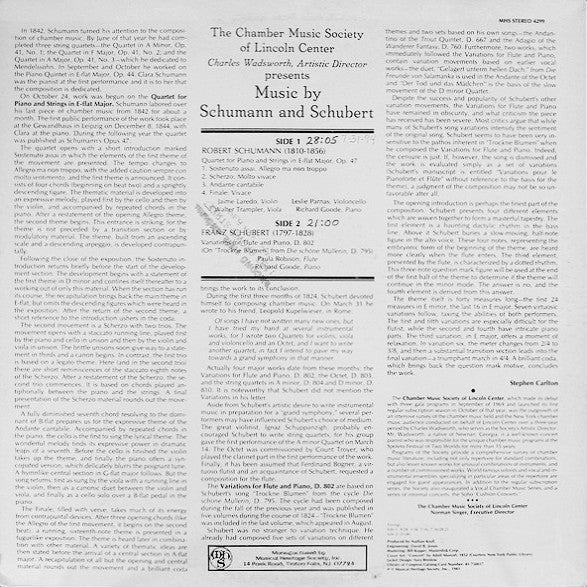 Schumann* / Schubert* : The Chamber Music Society Of Lincoln Center, Charles Wadsworth : Music By Schumann And Schubert (LP)