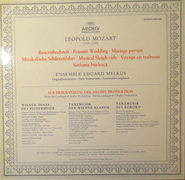 Leopold Mozart, Ensemble Eduard Melkus : Bauernhochzeit = Peasant Wedding = Mariage Paysan / Schlittenfahrt = Sleigh-ride = Voyage En Traîneau (LP)