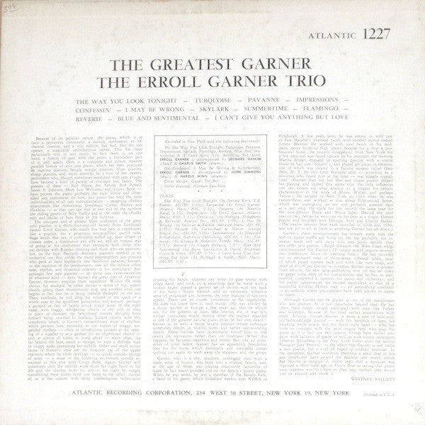 Erroll Garner Trio : The Greatest Garner (LP, Album, Mono, 1st)