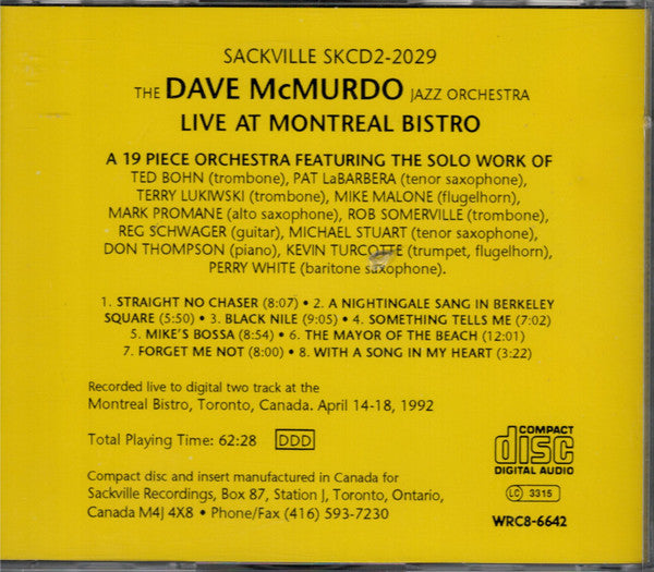 The Dave McMurdo Jazz Orchestra : Live At The Montreal Bistro (CD, Album)