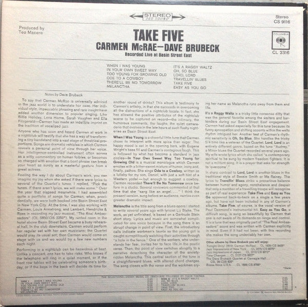 Carmen McRae - Dave Brubeck : Take Five (Recorded Live At Basin Street East) (LP, Album)