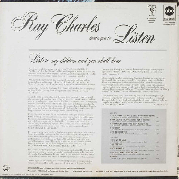 Ray Charles : Invites You To Listen (LP, Album, Mono)