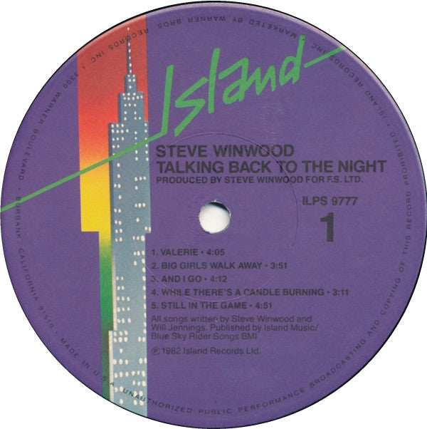 Steve Winwood : Talking Back To The Night (LP, Album, Win)