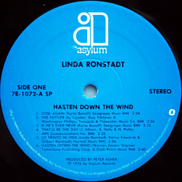 Linda Ronstadt : Hasten Down The Wind (LP, Album, SP )