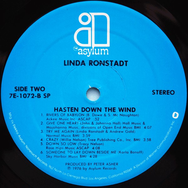 Linda Ronstadt : Hasten Down The Wind (LP, Album, SP )