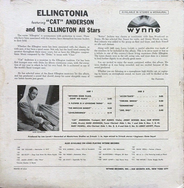 Cat Anderson And The Ellington All Stars : Ellingtonia (LP, Album, Mono)