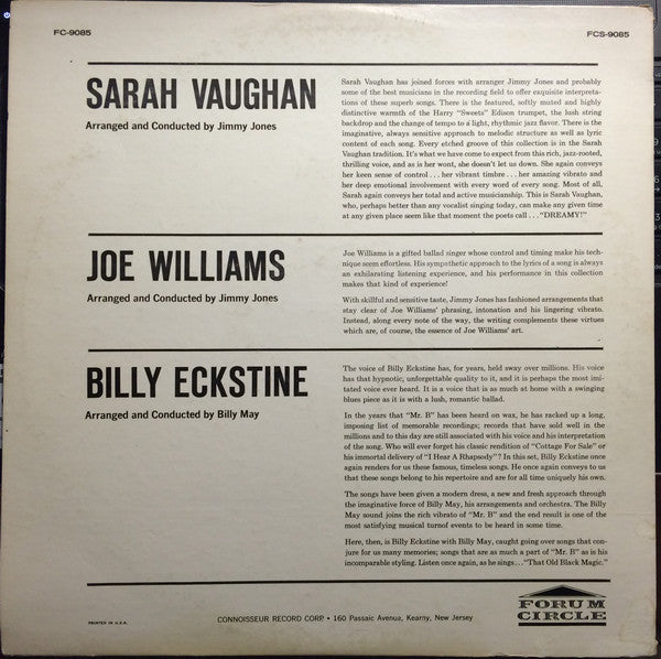 Sarah Vaughan, Joe Williams, Billy Eckstine : Sarah Vaughan / Joe Williams / Billy Eckstine (LP, Comp)