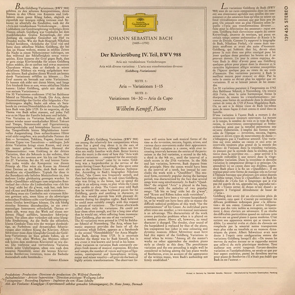 Johann Sebastian Bach - Wilhelm Kempff : Goldberg-Variationen BWV 988 (Clavierübung IV) (LP, Album)