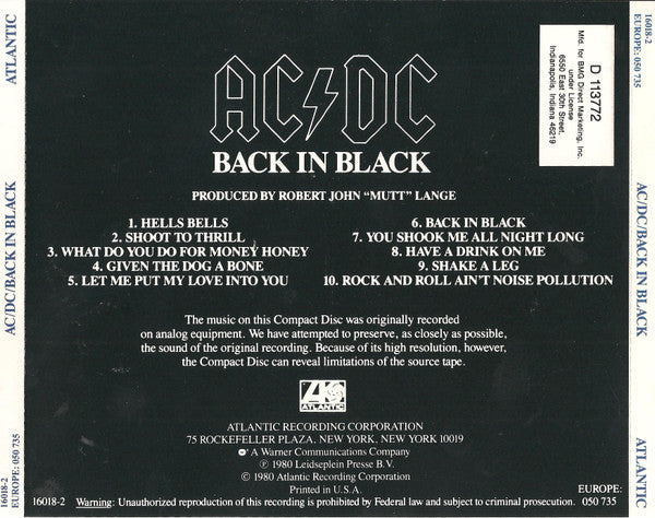 AC/DC : Back In Black (CD, Album, Club, RE)