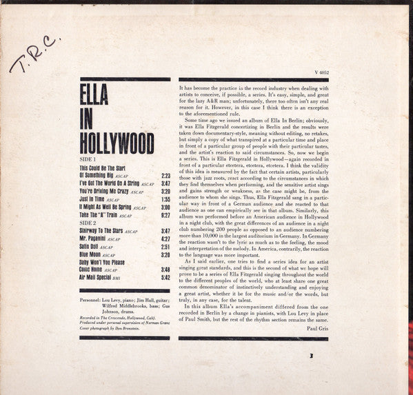 Ella Fitzgerald : Ella In Hollywood (LP, Album)