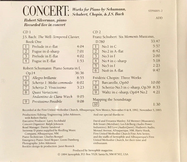 Robert Silverman : Concert: Piano Works By Schumann, Schubert, Chopin, & J.S. Bach (2xCD, Album)