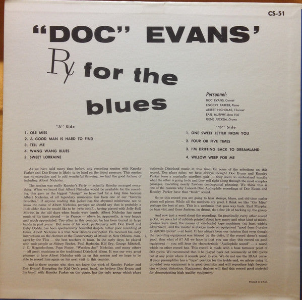 Doc Evans : "Doc" Evans' Rx For The Blues (LP, Album, Aud)