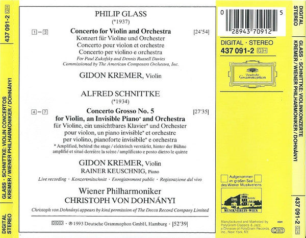 Philip Glass, Alfred Schnittke - Gidon Kremer, Wiener Philharmoniker, Christoph Von Dohnányi : Violin Concerto / Concerto Grosso No. 5 (CD, Album)