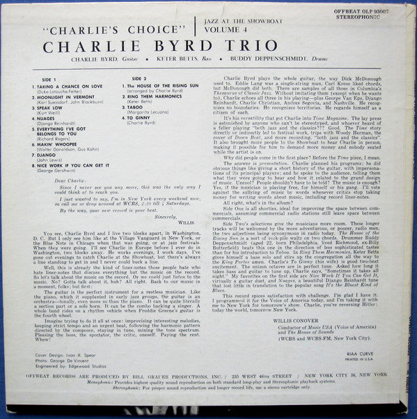 Charlie Byrd Trio : Charlie's Choice: Jazz At The Showboat, Volume IV (LP)