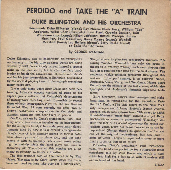 Duke Ellington And His Orchestra : Perdido / Take The "A" Train (7", EP, Styrene)