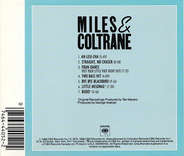 Miles Davis And John Coltrane : Miles & Coltrane (CD, Comp, RE, RM, RP, DAD)