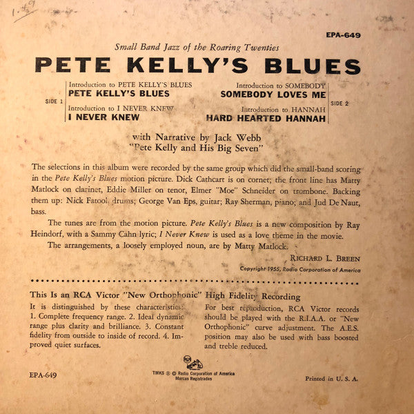 Jack Webb, Pete Kelly And His Big Seven : Pete Kelly's Blues (7", EP, Mono)